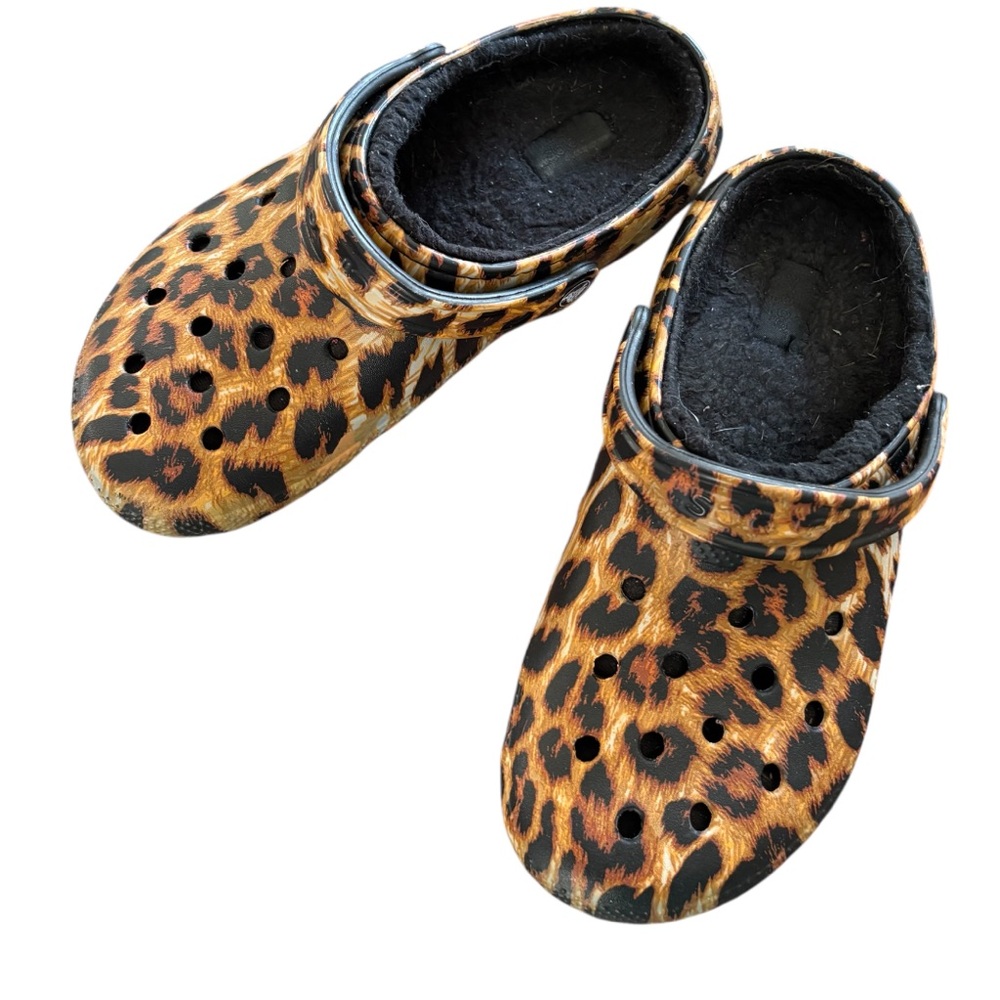 Crocs animal print with furry inside.
